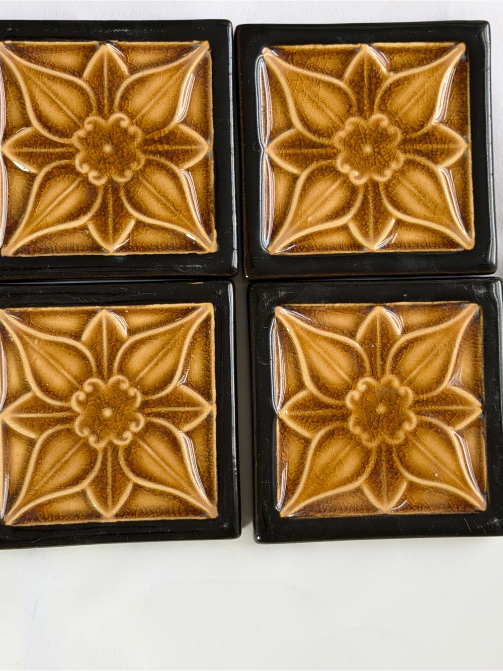 Vintage Floral Ceramic Coasters in Brown and Black - Set of 4